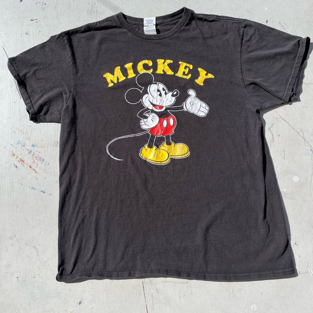 Men's Mickey Mouse T-Shirt Black Spell-Out L Anime Cartoon Disney Art Classic